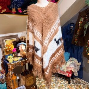 Vintage Brown Alpaca Knit Poncho Fringe Geometric Boho Cape One Size